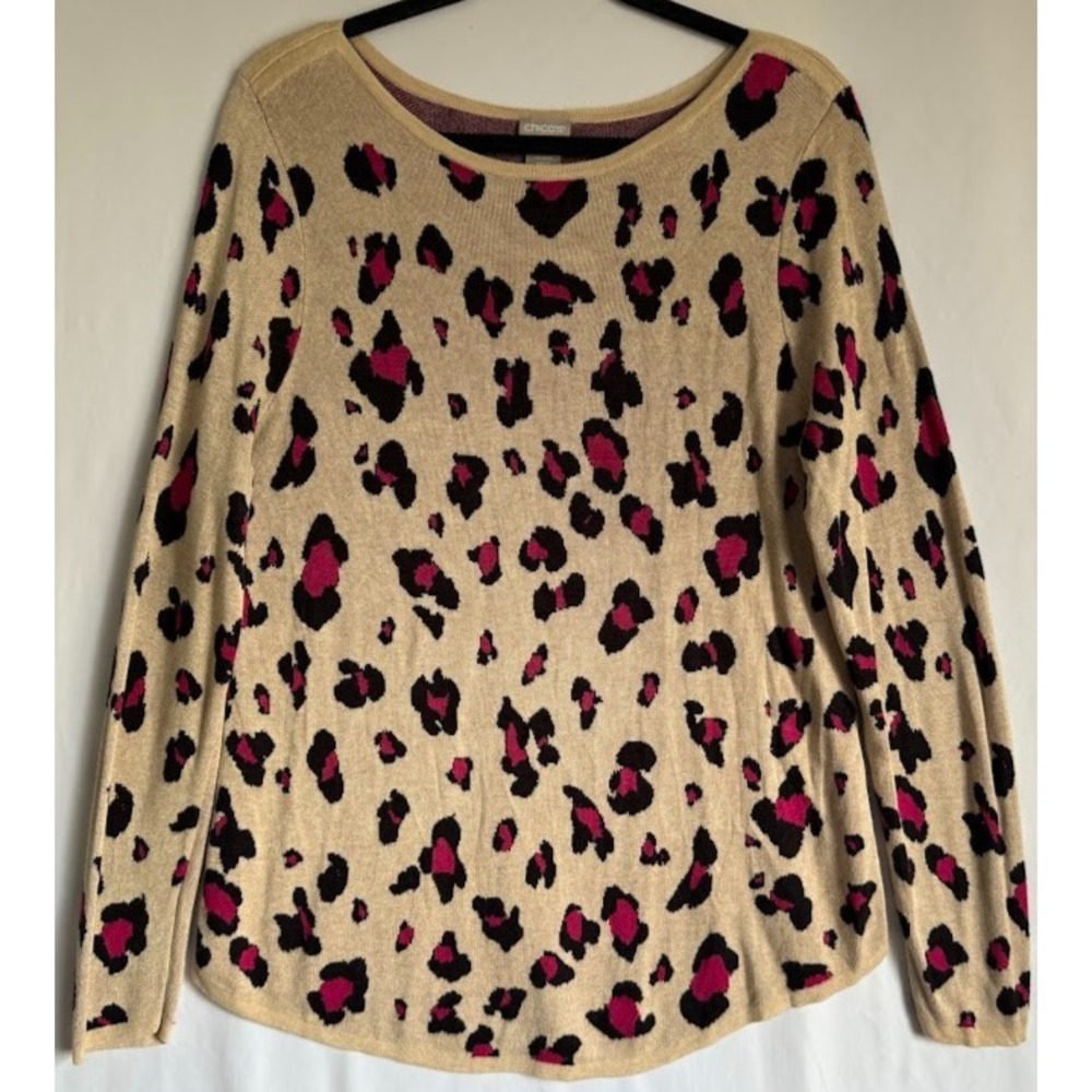 Chicos Sweater Women Size 2 Large Multicolor Leopard Print Crew Neck Long Sleeve